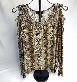 RAIN Women’s Brown Black Beige Snake Print Beaded Cold Shoulder Top XL